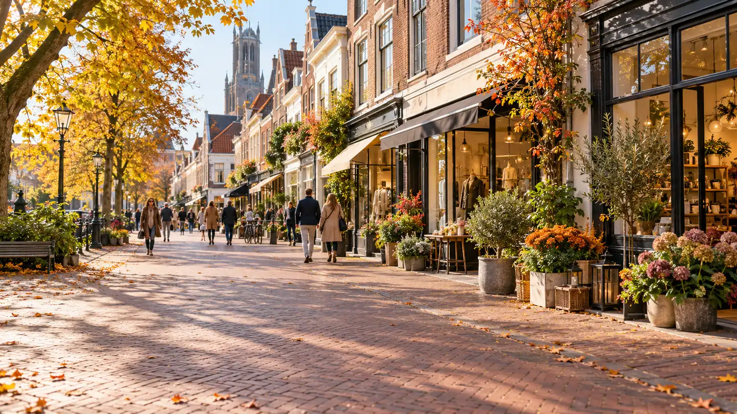 People walking along a Dutch shopping street in autumn daylight